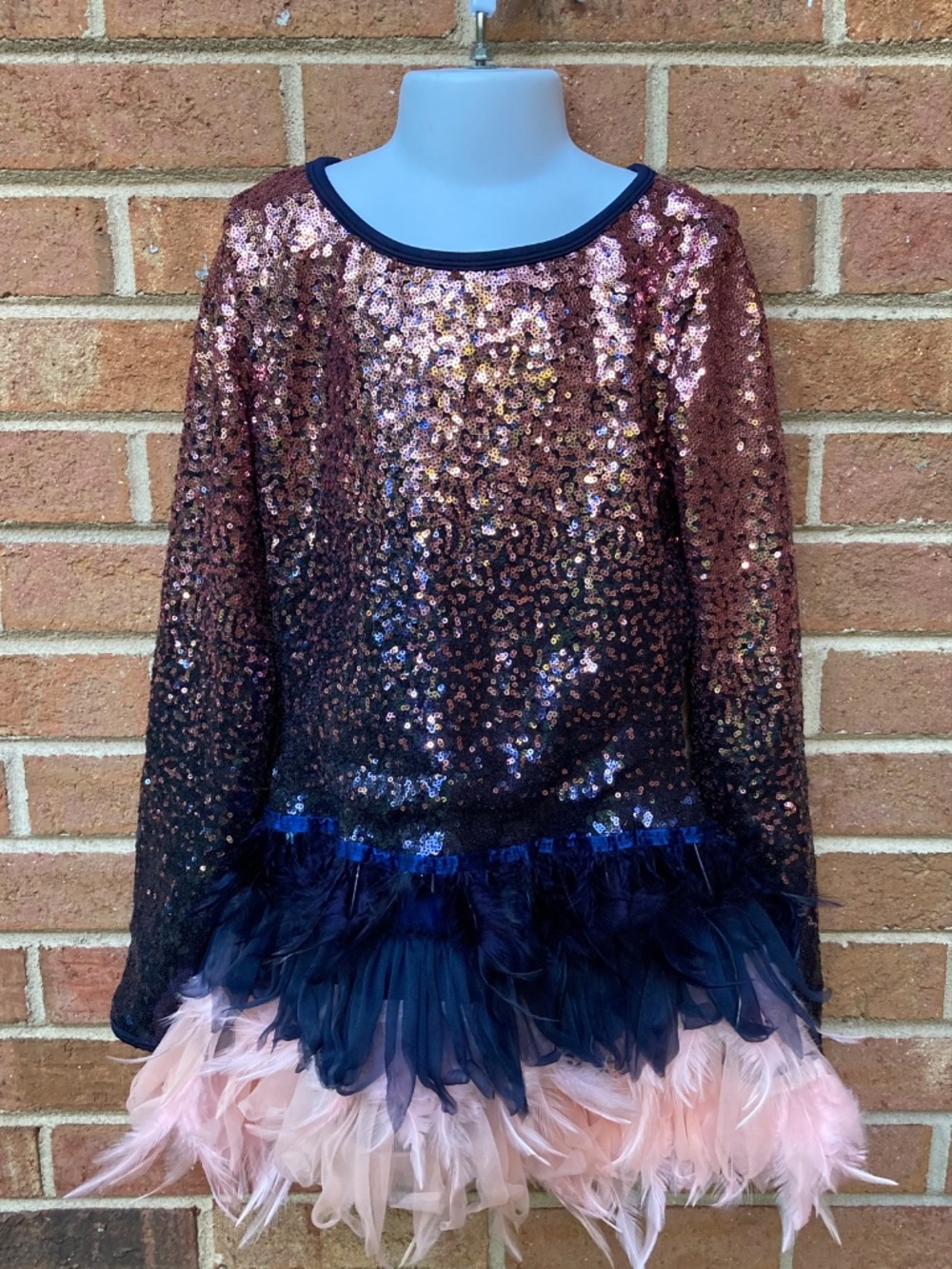 Pink & Navy Ombre Sequin Leotard, Attached Feather & Tricot Jagged Skirt - 10/12
